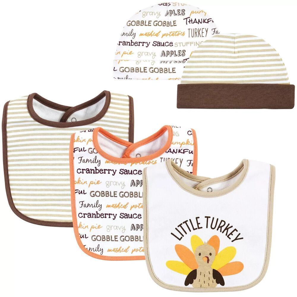 Hudson Baby Cotton Bib and Headband or Caps Set Little Turkey One Size New